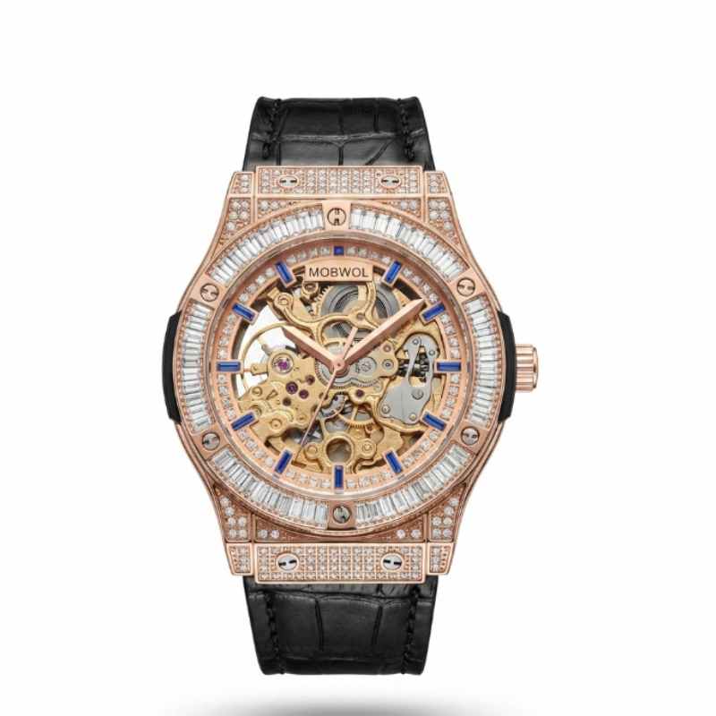 Luxury Watch With Rubber Strap - MOBWOL Rose Gold Skeleton Mechanical Watch